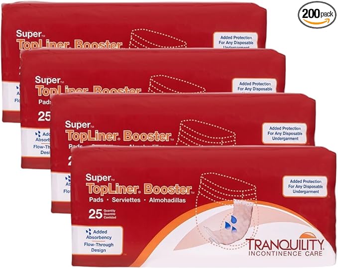 Tranquility TopLiner Disposable Booster Pads, Super (15" x 4.25") Flow-Through Design with Adhesive Strip for Max Absorption, Adult Unisex, 200ct Case