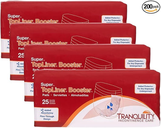 Tranquility TopLiner Disposable Booster Pads, Super (15" x 4.25") Flow-Through Design with Adhesive Strip for Max Absorption, Adult Unisex, 200ct Case