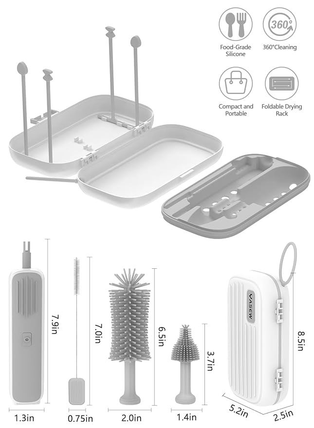 Electric Bottle Brush Cleaner, Baby Bottle Brush Travel Set, 360° Efficient Cleaning, 2000 mAh Battery, Travel Bottle Brush Set with Drainage Rack and Storage Box, Baby Travel Essential Grey