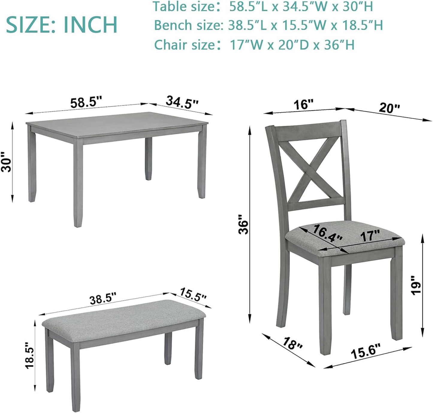 KEIKI 6-Piece Standard Height Dining Table Set with Rectangular Table, 4 Upholstered X-Shaped Backrset Chair, Bench, for 6 Person, Modern Style Table Set, Easy Assembly, for Kitchen, Dining Room, Gray