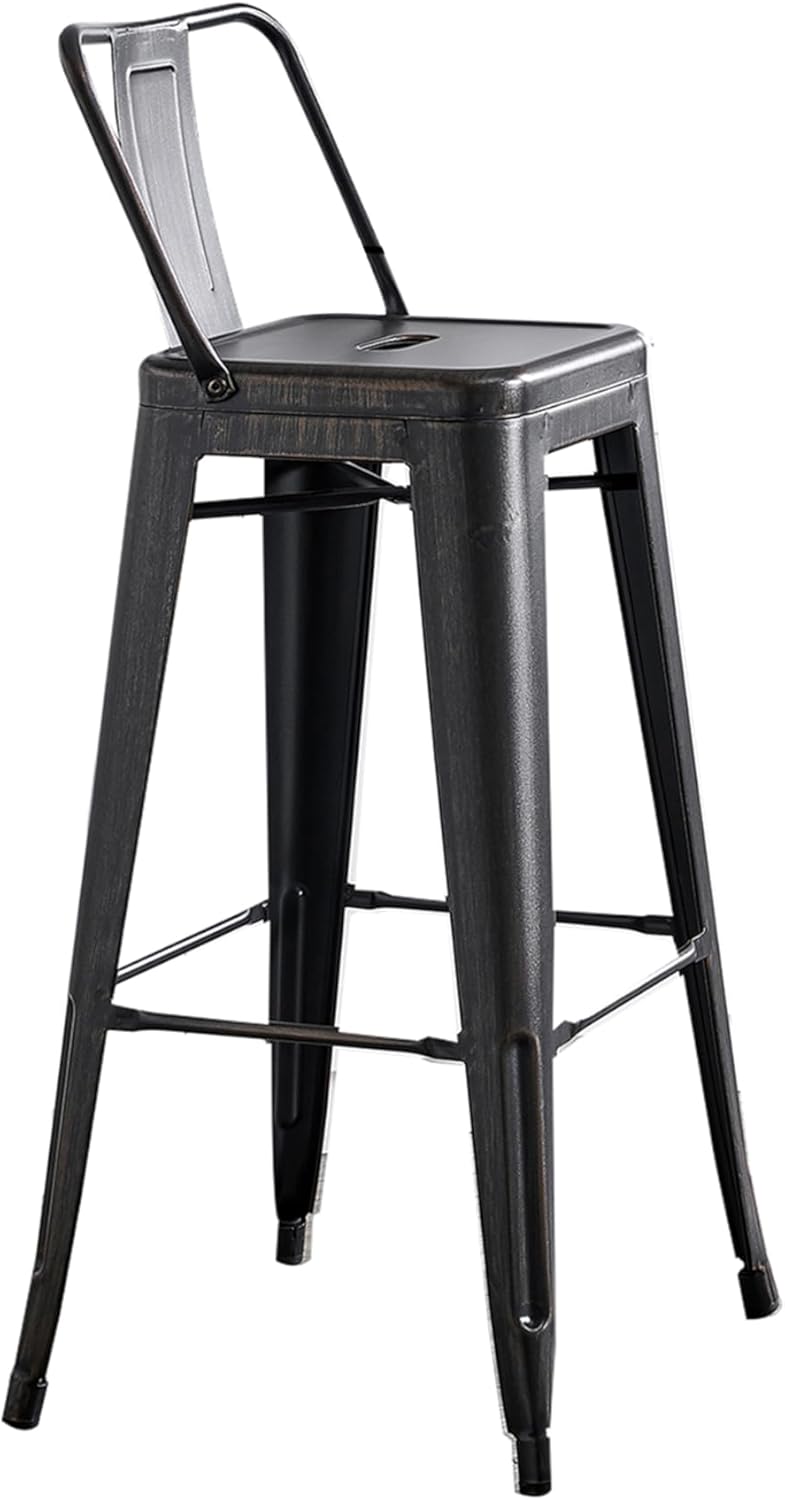 AC Pacific 30” Metal Barstool Set of 4 – Country Rustic Style with Low Back, Lightweight & Sturdy Build, Easy Assembly – Distressed Black