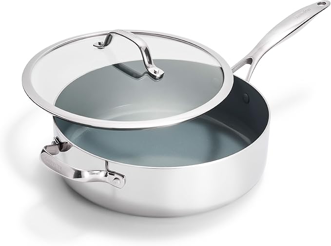 GreenPan Valencia Pro Tri-Ply Stainless Steel 5QT Sauté Pan with Lid, Ceramic Nonstick PFAS-Free Coating, Multi Clad Cookware, Induction, Dishwasher Oven and Broiler Safe