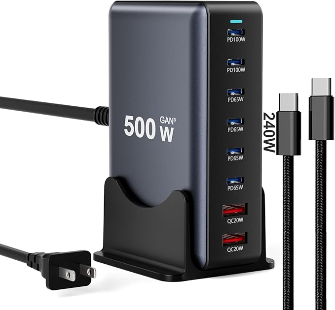 500W Fast Charging 8 Port USB C Charger Block with Nylon Fast Charging Cable, Multi-Device Charging Station Wall Desktop Charger with GaN Ⅲ Technology, USB-C Charger Adapter for MacBook/iPad/iPhone 17