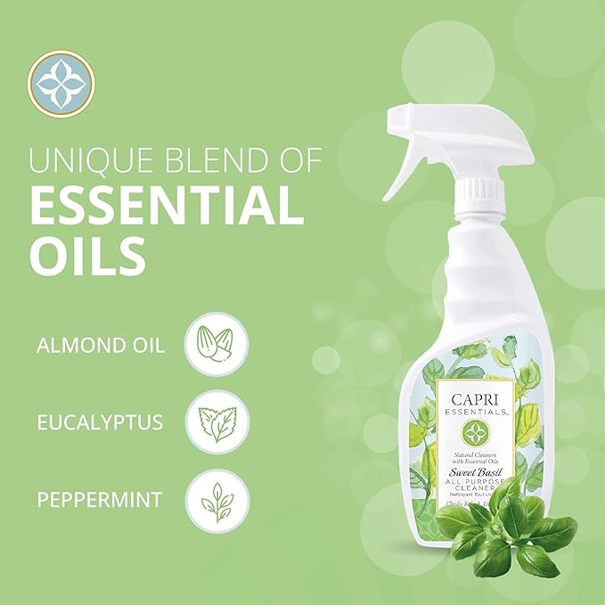 CAPRI ESSENTIALS All Purpose Cleaner, Natural Household Cleaning Supplies, Plant Based Kitchen Counter Surface Spray, Removes Dirt & Grime, Blend of Essential Oils, Sweet Basil 23 FL Oz (2 Pack)