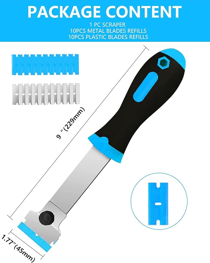Razor Blade Scraper, Long Handle Scraper Tool with 10 Plastic and 10 Metal Blades - Ideal for Removing Labels, Stickers, Appliance Grease, and More from Windshields, Tint, and Glass (Blue)