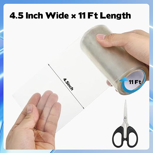 4.5Inch x 11FT Clear Waterproof Repair Tape with Scissors for Fabric, Awning, RV Roof, Tarp, Tent, Boat Cover – Heavy-Duty Polyurethane, UV & Heat Resistant Tear Repair Pctch Kit (1)