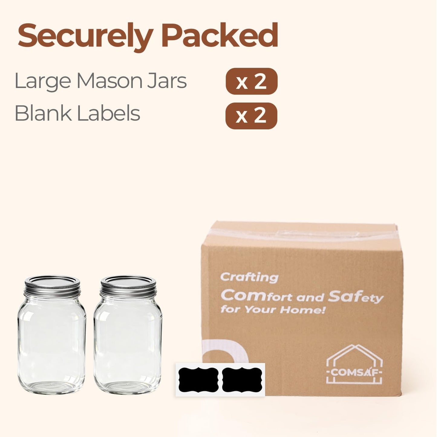 ComSaf Wide Mouth Mason Jars 32 oz with Lids 2 Pcs, Quart Mason Jars with Seal Band, Large Glass Jars, Large Canning Containers for Pickles, Jams, Sauces, Salsa, Sourdough, Salad, Suntea, Food Storage