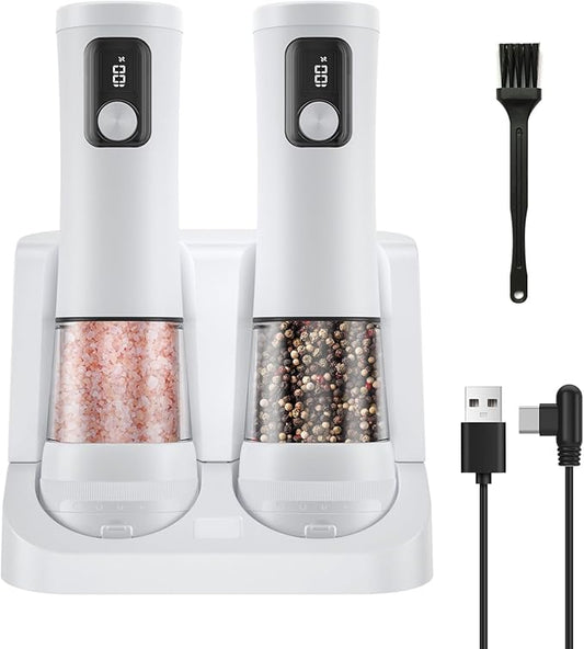 Electric Salt and Pepper Grinder Set,2 Pack Rechargeable Automatic Pepper Mill,with Charging Base,5 Level,Display,LED Lighting,Large Capacity,Kitchen Gift (2, White, Charging Base)