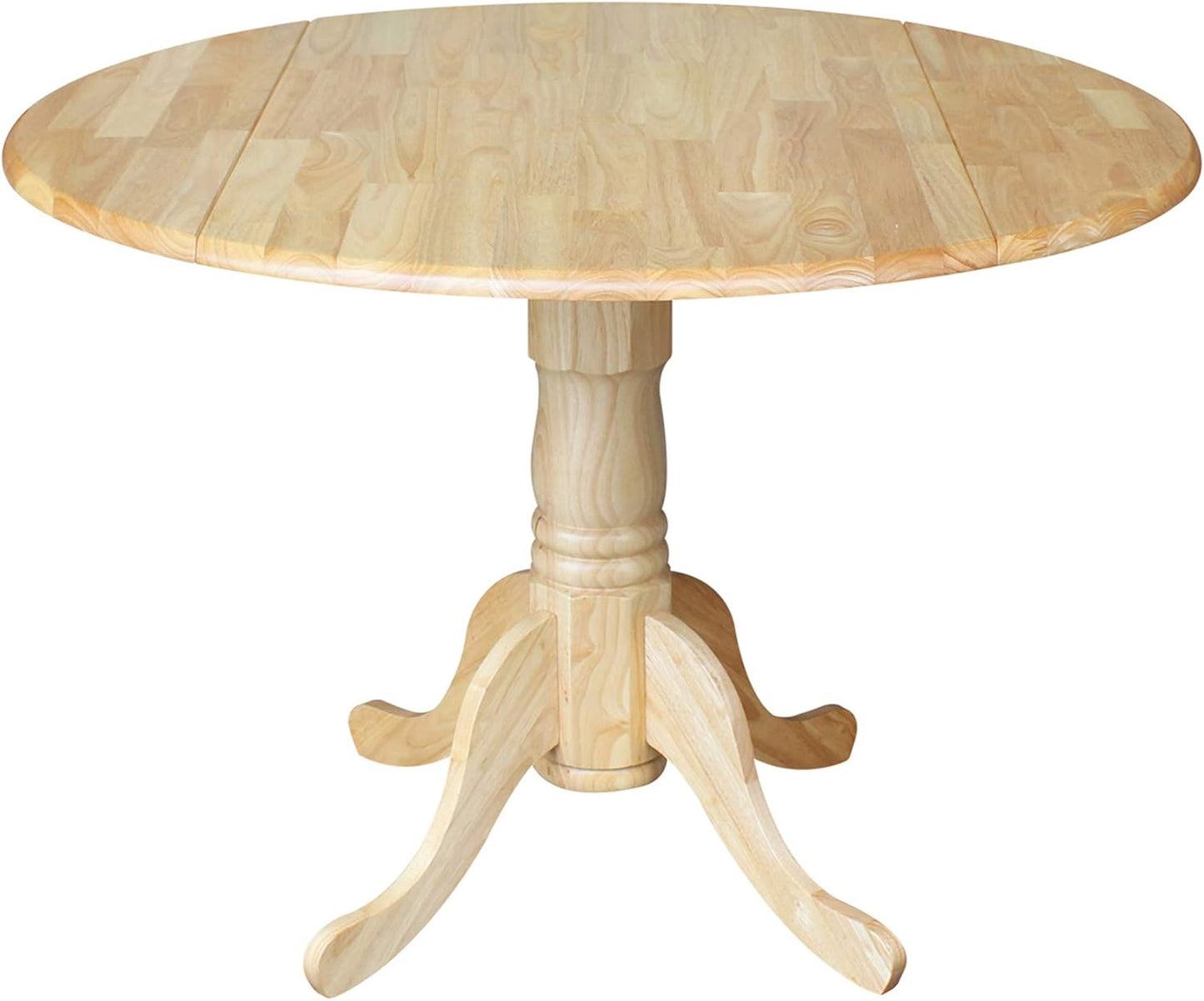 IC International Concepts, 42" Round Dual Drop Leaf Pedestal Dining Table, Solid Real Wood, Sturdy Parawood, Natural