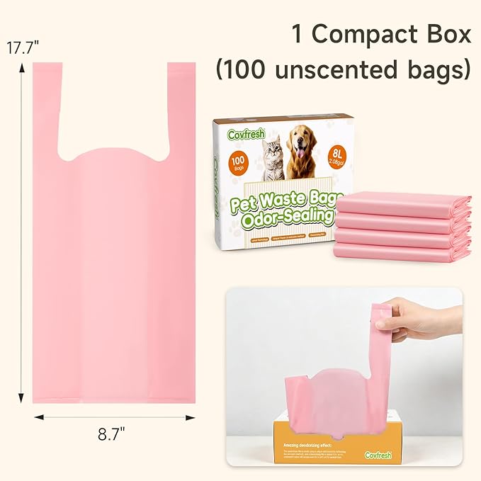 Odor-Sealing Dog Poop Bags with Handles 100 Count Pet Waste Bags, Large Capacity & Unscented Poop Bags for Dogs or Cat Litter, Conceals Smell & Mess (White)