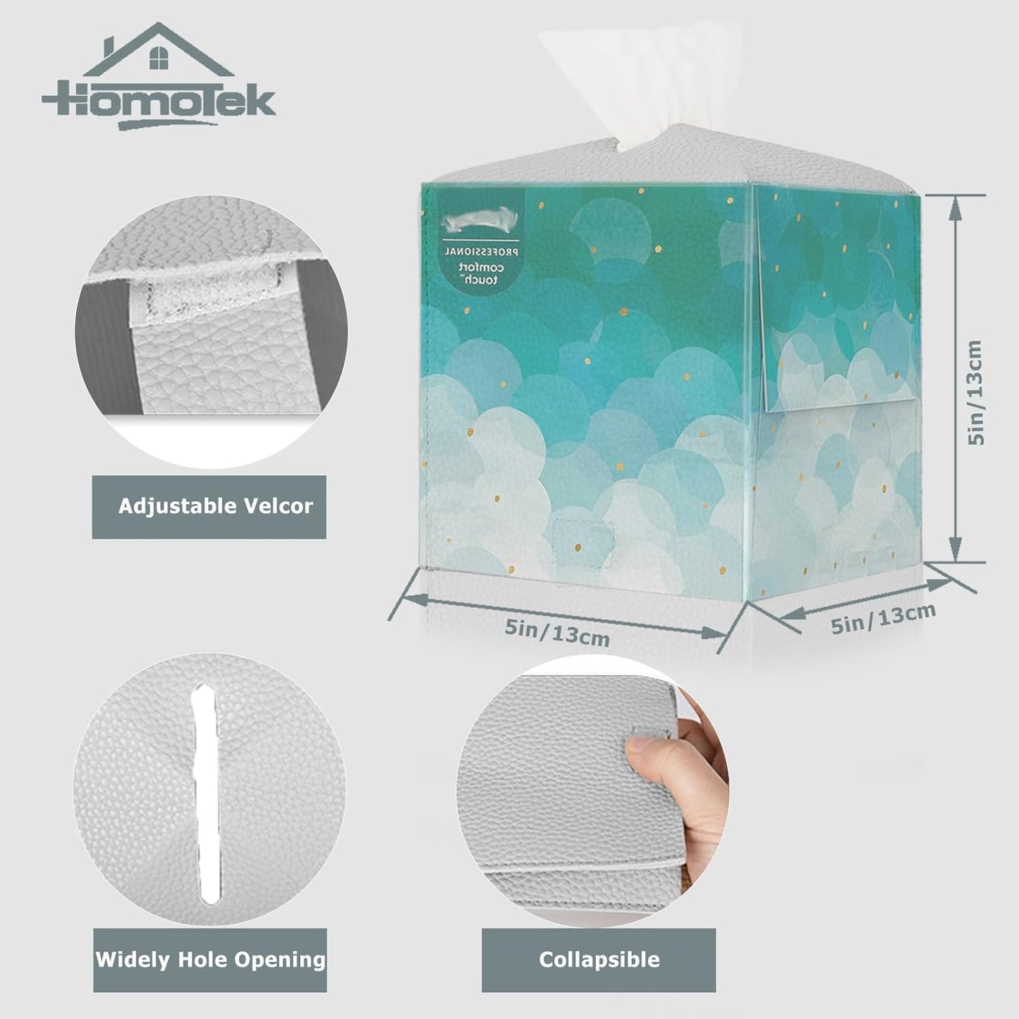 HOMOTEK 2 Pack Tissue Box Cover, Square PU Leather Tissue Holder, Decorative Facial Tissue Cube Paper Organizer Dispenser for Bathroom, Night Stands, Desk, Car 5X5X5'' - Light Gray, Pebble Grain