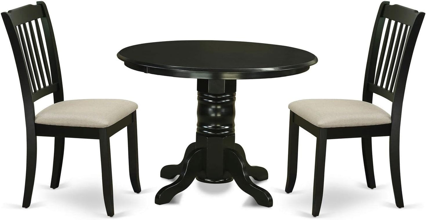 East West Furniture SHDA3-BLK-C 3 Piece Dining Table Set for Small Spaces Contains a Round Kitchen Table with Pedestal and 2 Linen Fabric Kitchen Dining Chairs, 42x42 Inch, Black