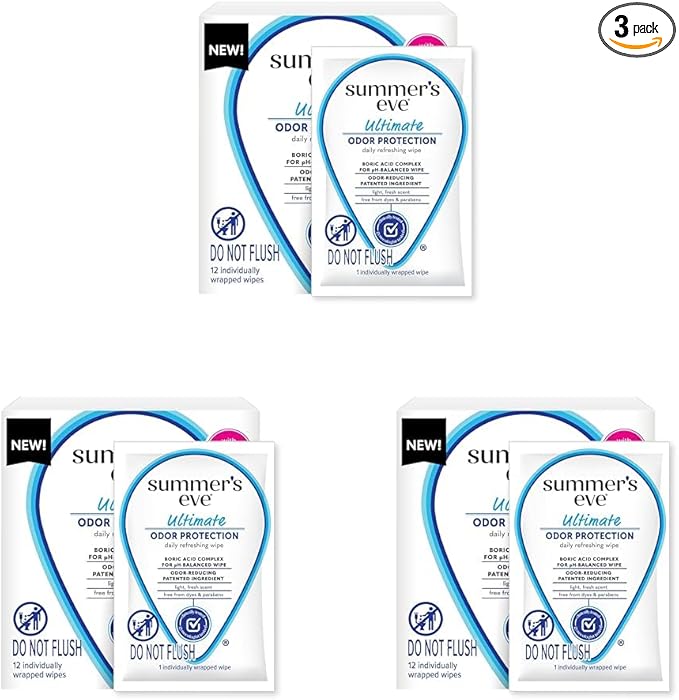 Summer's Eve Feminine Wipes, 12 ct (Pack of 3) | Ultimate Odor Control | Boric Acid | pH Balance | On-the-go