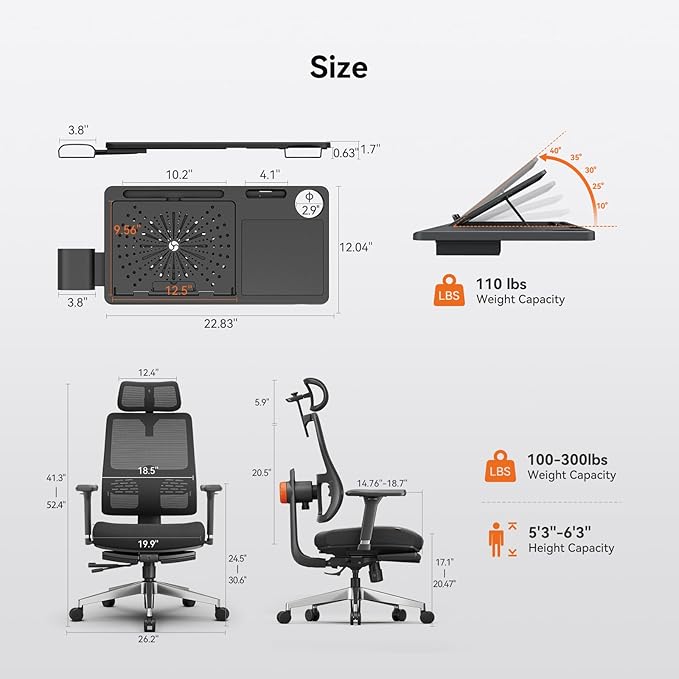Newtral Ergonomic Home Office Chair-Office Desk Chair with Footrest, Auto-Following Backrest & Headrest, 4D Armrests, 96°-136° Recline (Black, with Laptop Table)
