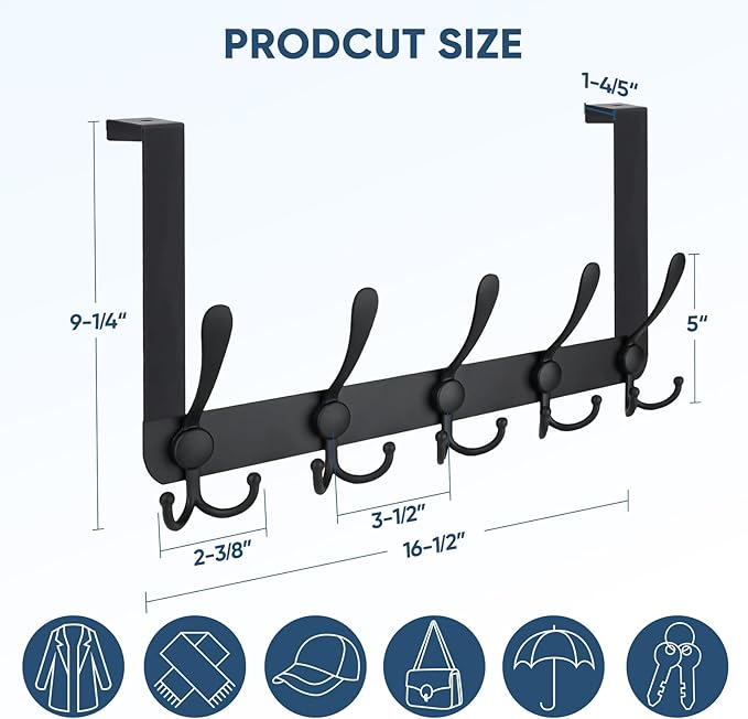 TICONN Over The Door Hooks, 5 Heavy Duty Tri Coat Rack All Metal Coat Hanger for Bathroom Bedroom Dorm (Matte Black, 1PK, Fit 1-3/4" Doors)