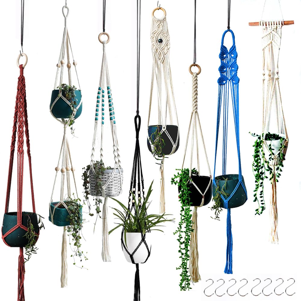 Macravine 8-Pack Macrame Plant Hanger, Boho Indoor Window Pot Hanger with Wooden Beads, Hanging Flower Pot Holder,Creative Handmade Chic Plant Basket Length 39″(no Pot&Plant Included)
