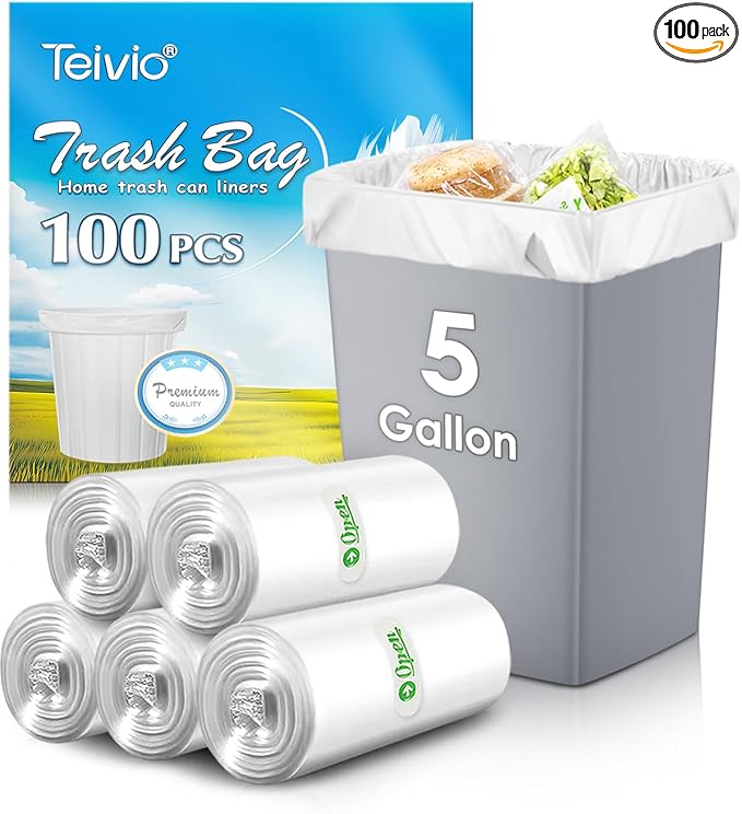 Teivio 5 Gallon 100 Counts Strong Trash Bags Garbage Bags, Bathroom Trash Can Bin Liners, Small Plastic Bags for Home Office Kitchen Kitchen, Clear