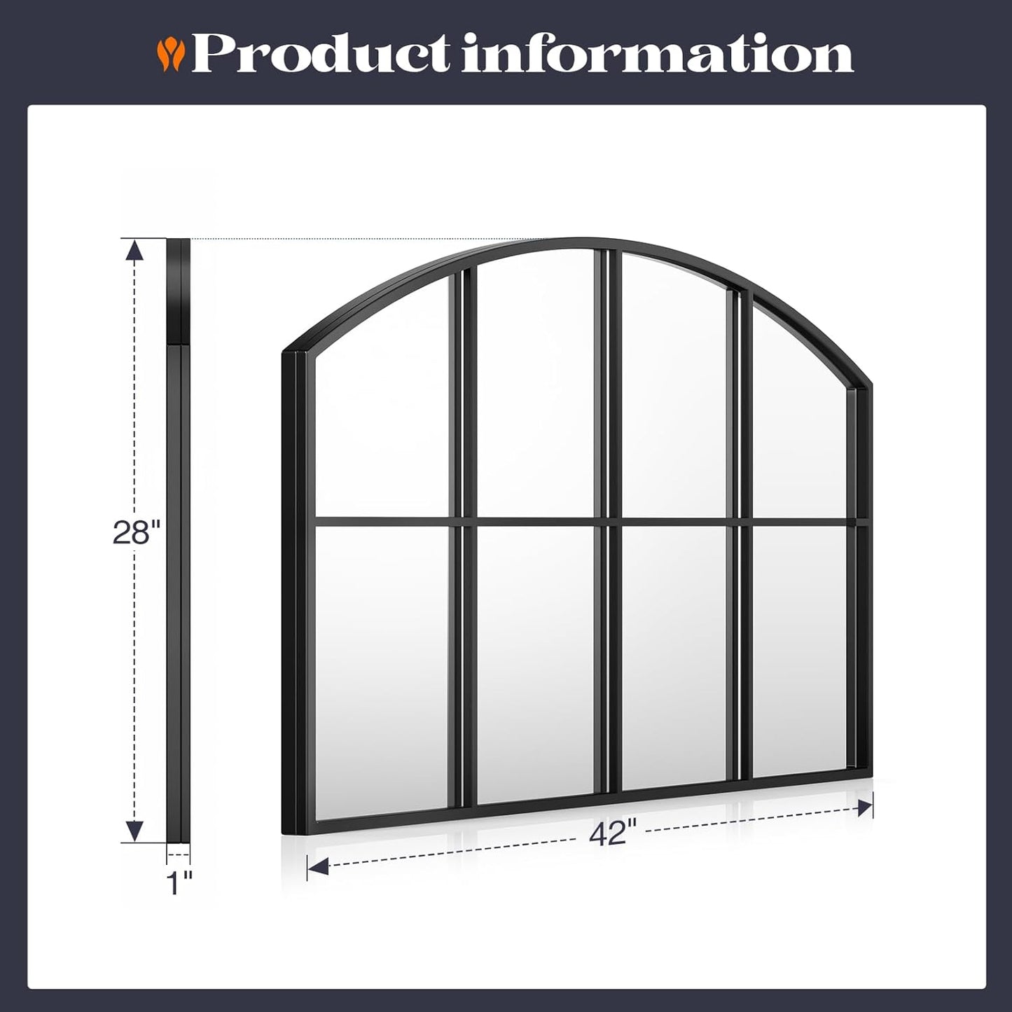 Wide Window Pane Mirror, 42" x 28" Black Arched Mirrors for Wall, Grid Wall Mirror Decorative Large Mirrors for Living Room Bedroom Farmhouse Fireplace Hallway Entryway