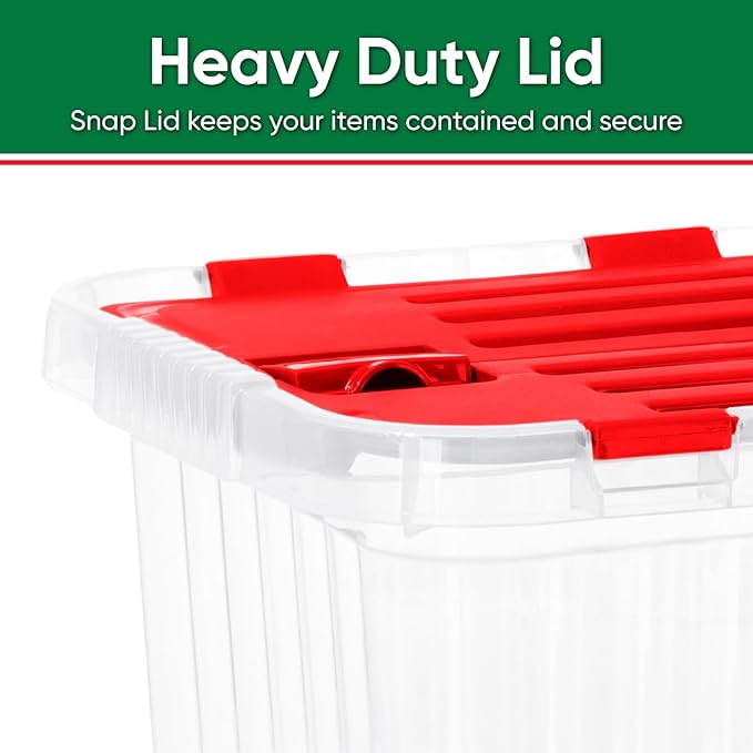 Superio Storage Box with Hinged Lids, Plastic Container Bins for Organizing with Attached Lid, Stackable Crates, BPA Free, Organizers for Home, 19 Quart (Clear with Red Lids, 17"x11.65"x8.75")