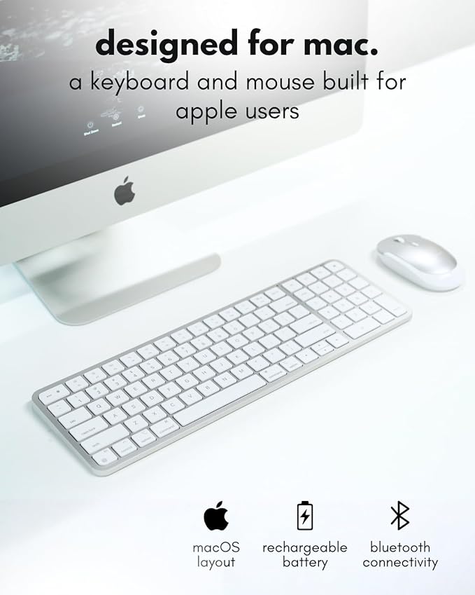Macally Bluetooth Mac Keyboard and Mouse (Compact, Multi Device, Rechargeable) - Wireless Apple Keyboard and Mouse Combo - for Mac mini/Studio, MacBook Pro/Air, iMac, iPad, iPhone - Silver