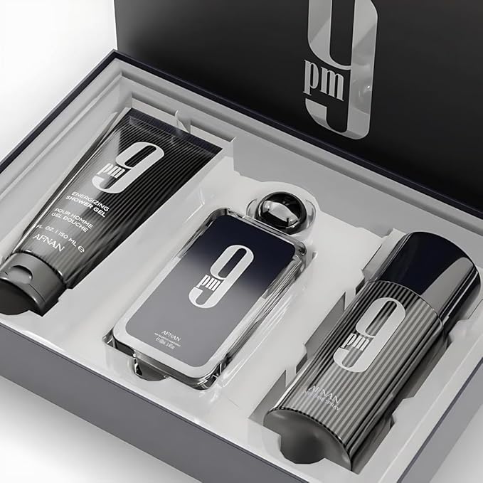 Afnan 9 Pm 3 Piece Set for Men, (3.4 Oz De Parfum Eau De Parfum Spray + 5.0 Oz Shower Gel + 5.0 Oz Perfume Deodorant)