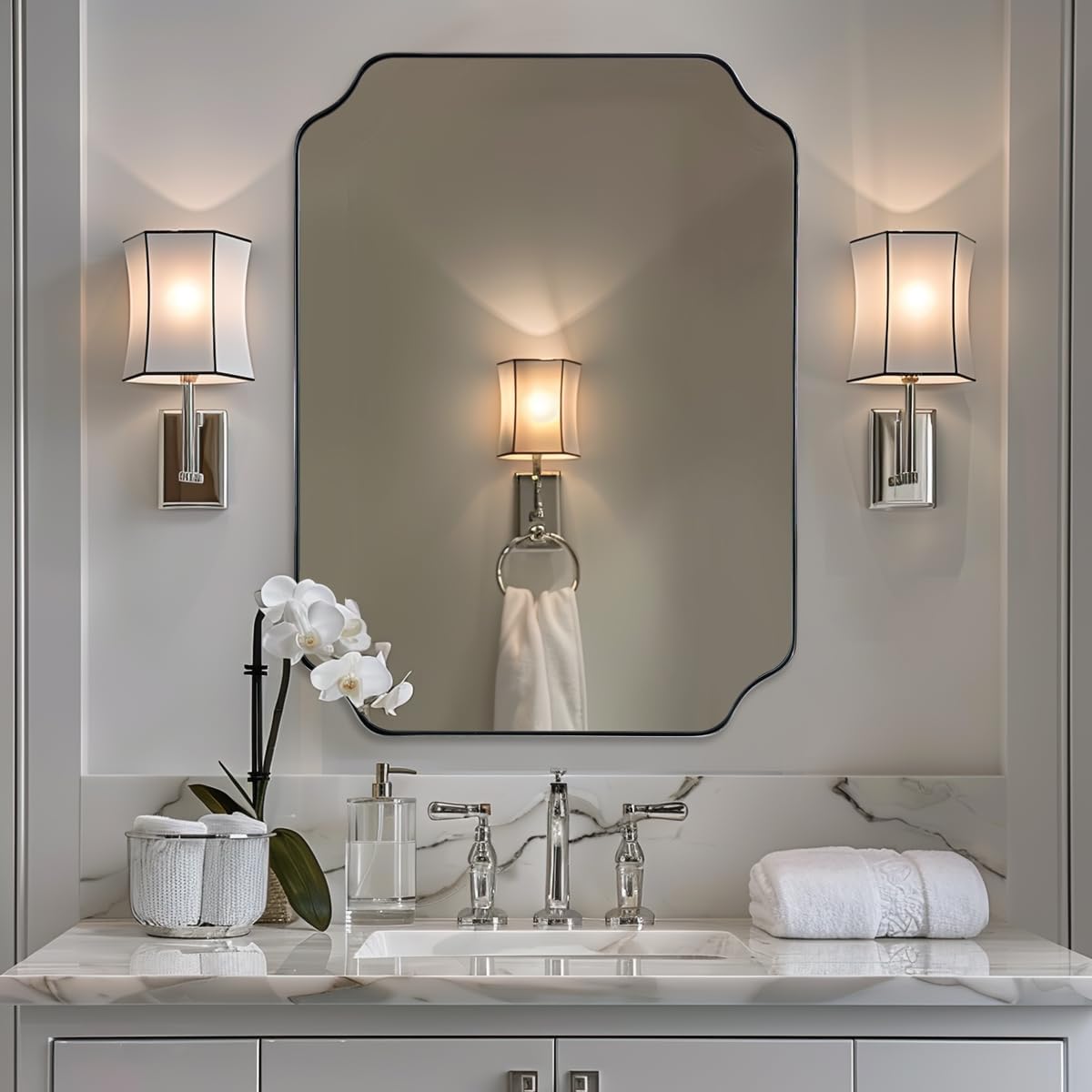 ANDY STAR Scalloped Bathroom Mirror, 22x30’’ Brushed Nickel Rectangle Mirror, Silver Bathroom Vanity Mirror, Modern Scalloped Edge Design in Rust-Proof Stainless Steel 1” Frame