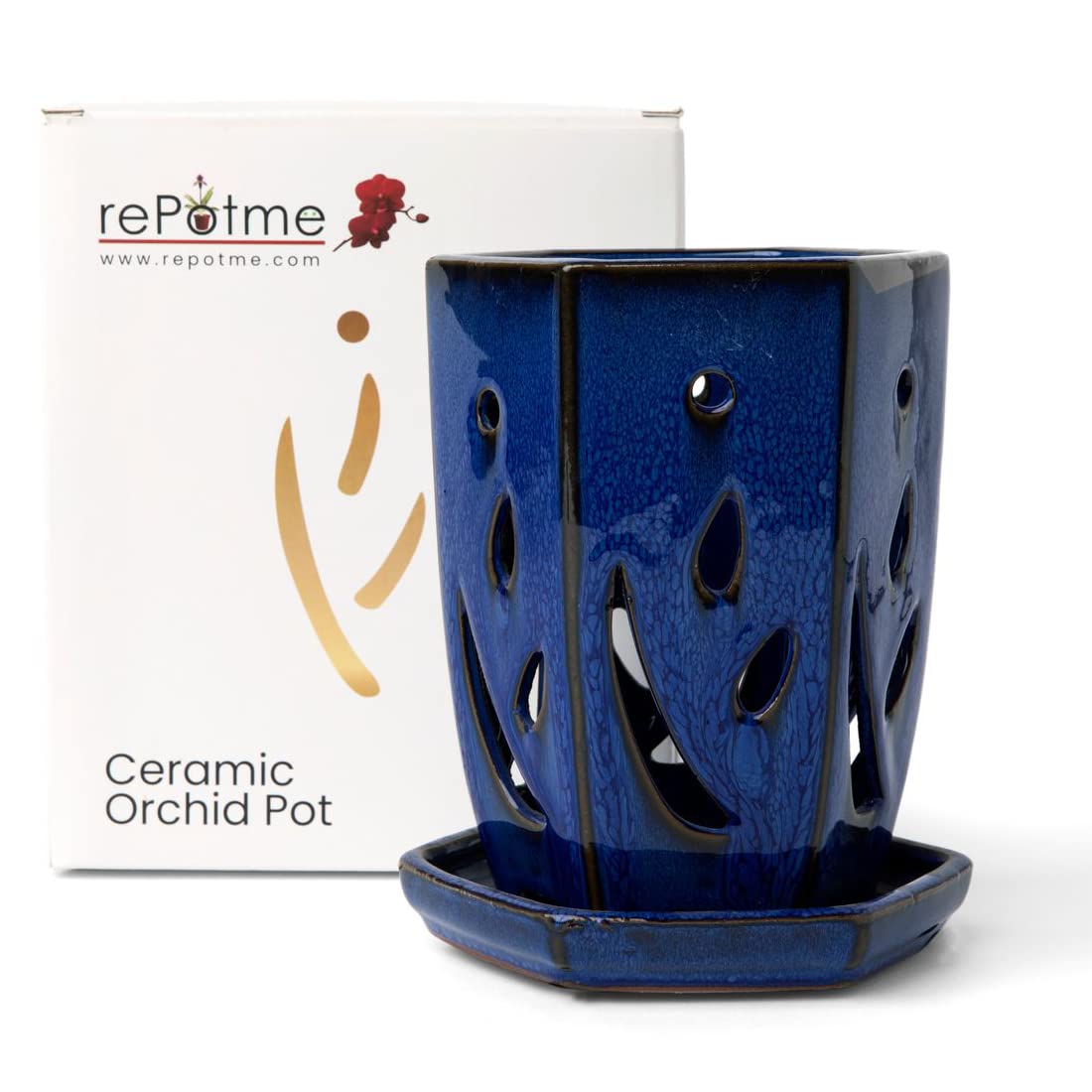 rePotme 4 x 6 inch Hexagon Ceramic Orchid Pot with Holes (Midnight Blue) - Ideal Plant Pot for Repotting Orchids and Other Flowers - Indoor/Outdoor