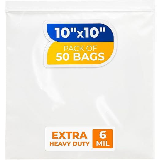 10" x 10" Medium Zip Seal Lock Bags, 6 Mil (Pack of 50) – Heavy-Duty Reclosable Plastic Bags – Clear, Resealable, Waterproof – For Storing and Organizing Clothes, Jewelry, and Travel Items