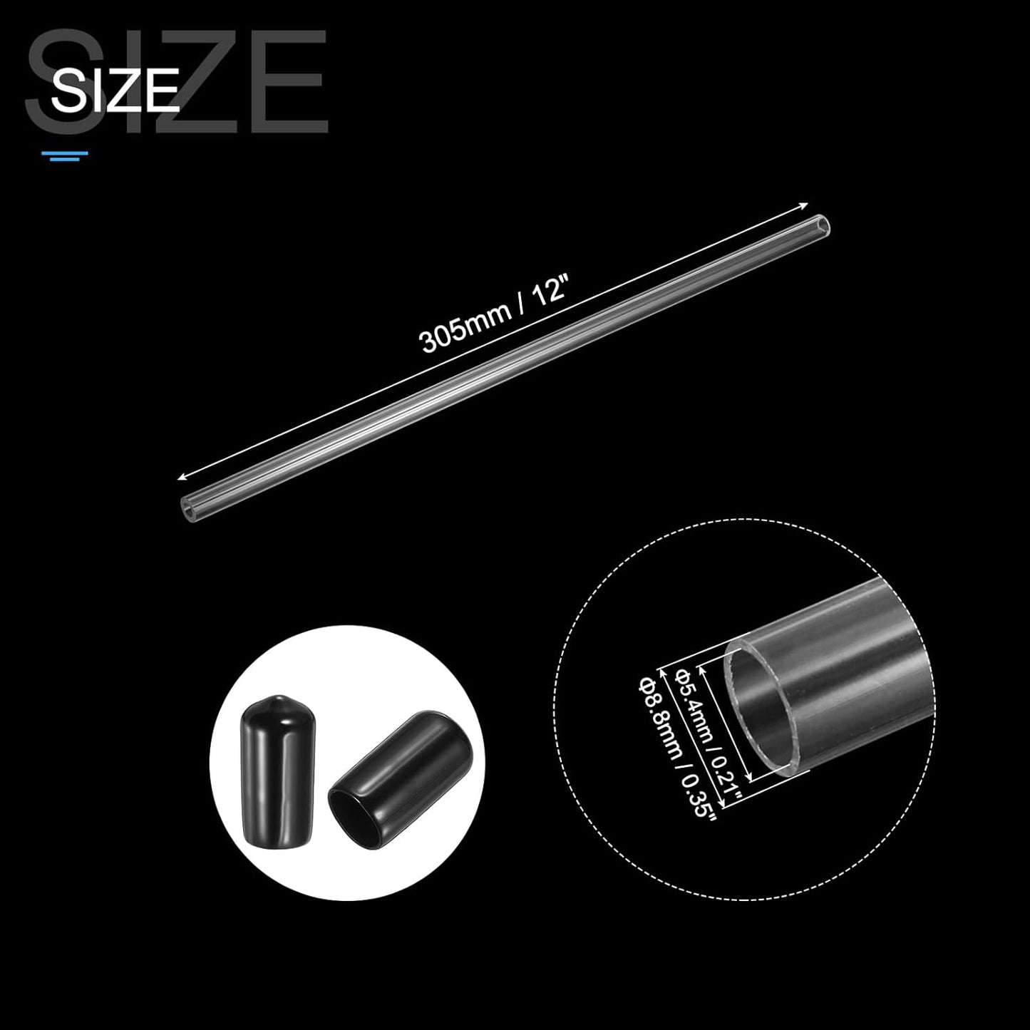 PATIKIL Clear Rigid Tube Round Plastic Tubing with Black Rubber Caps Polycarbonate Water Pipe, 305mm/ 12 Inch Length, 5.4mmx8.8mm/0.21"x0.35", 2 Set