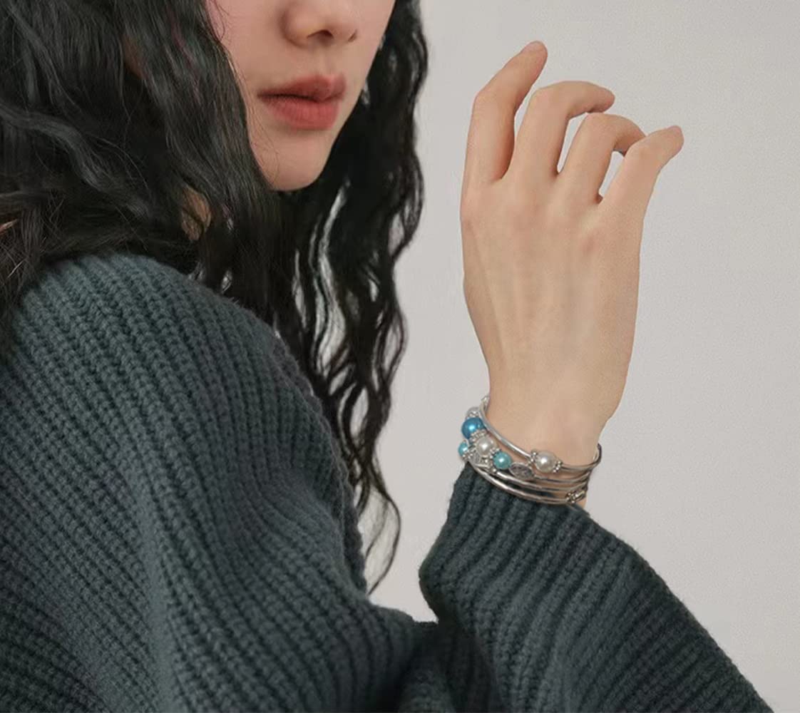 FULU AUTUMN Beaded Pearl Bangle Bracelets for Women Silver Wrap Bangles Bracelet Womens Costume Jewelry Fashion Gift(18-Sea green)