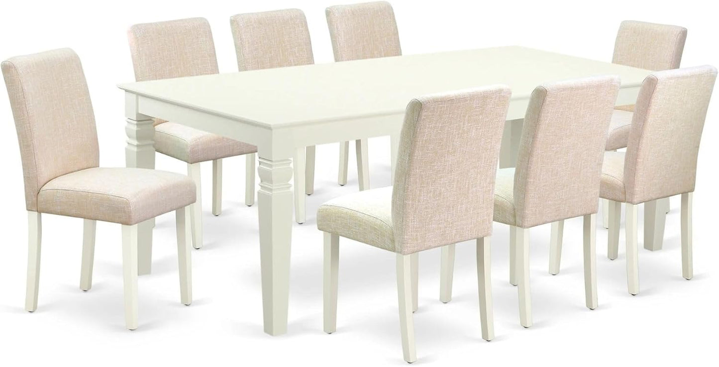 East West Furniture LGAB9-LWH-02 9 Piece Dining Table Set Includes a Rectangle Dining Room Table with Butterfly Leaf and 8 Light Beige Linen Fabric Parsons Chairs, 42x84 Inch, Linen White