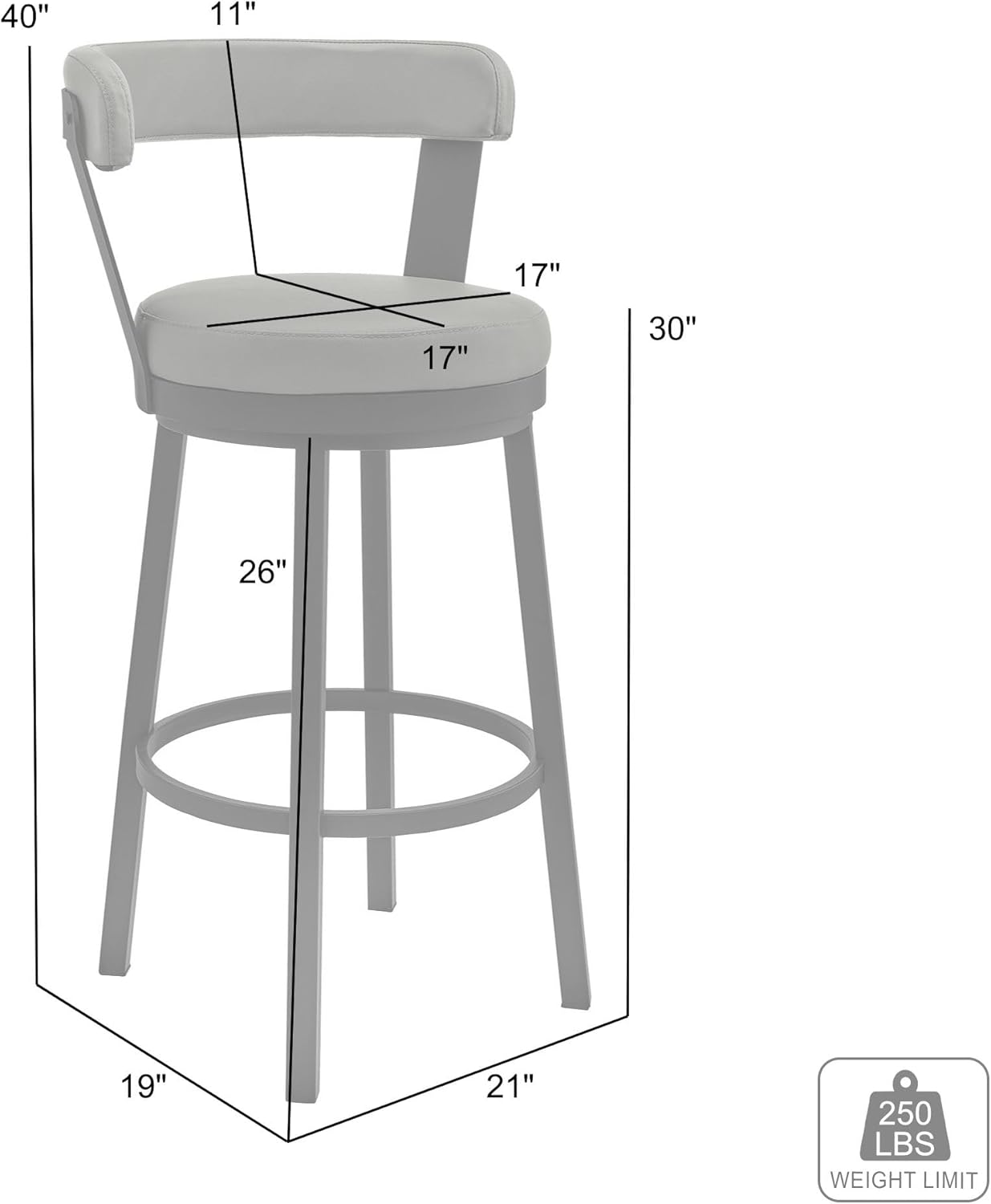 Armen Living Bryant Modern 30" Seat Height White Faux Leather and Brushed Stainless Steel Metal Swivel Bar Stool for Kitchen Island Counter