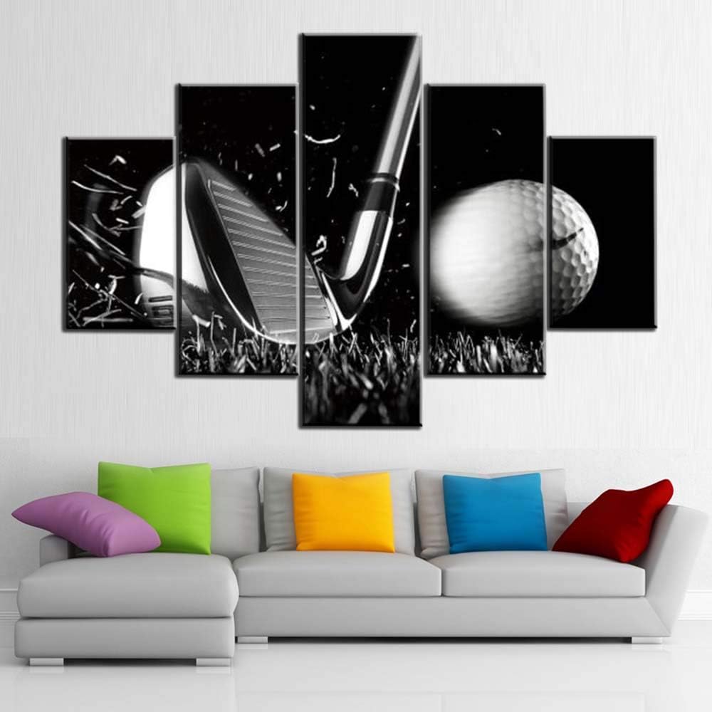 Black and White Paintings Golf Pictures 5 Panel Canvas Golf Ball Wall Art for Living Room Golfing Sport Artwork Contemporary Home Decor Giclee Framed Ready to Hang Posters and Prints(60''Wx40''H)