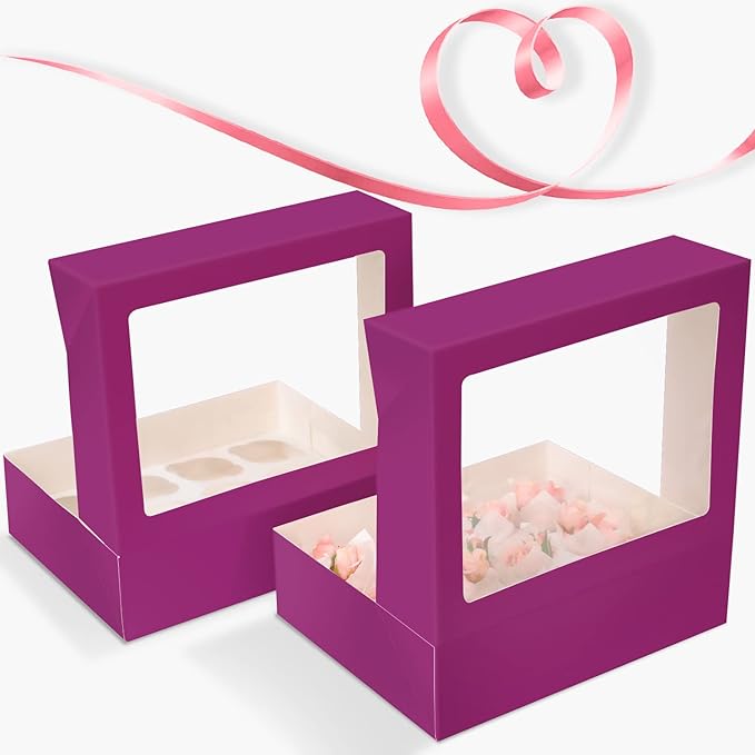 Bakepacker 12 Cupcake Containers 10-Packs Deep Purple Cupcake Box Cupcakes Carrier, 12 Cupcake Boxes with Window 13"x10"x3.5"（Auto-pop up）