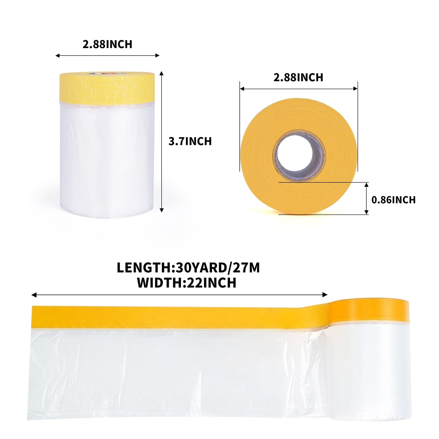 TAPEBEAR Pre-Taped Masking Film, Tape and Drape, Plastic Sheeting Roll, Automotive Painters Masking Tape Film, Plastic Sheeting Cover for Appliance and Furniture, 22inch X 30yard, 3Rolls