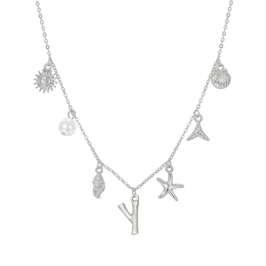 JALZEMPL Initial Charm Necklace For Women Seashell Shell Letter Boho Summer Beach Starfish 14k Gold Plated Silver Pendant Surfer Jewelry Gifts (Y,Silver)