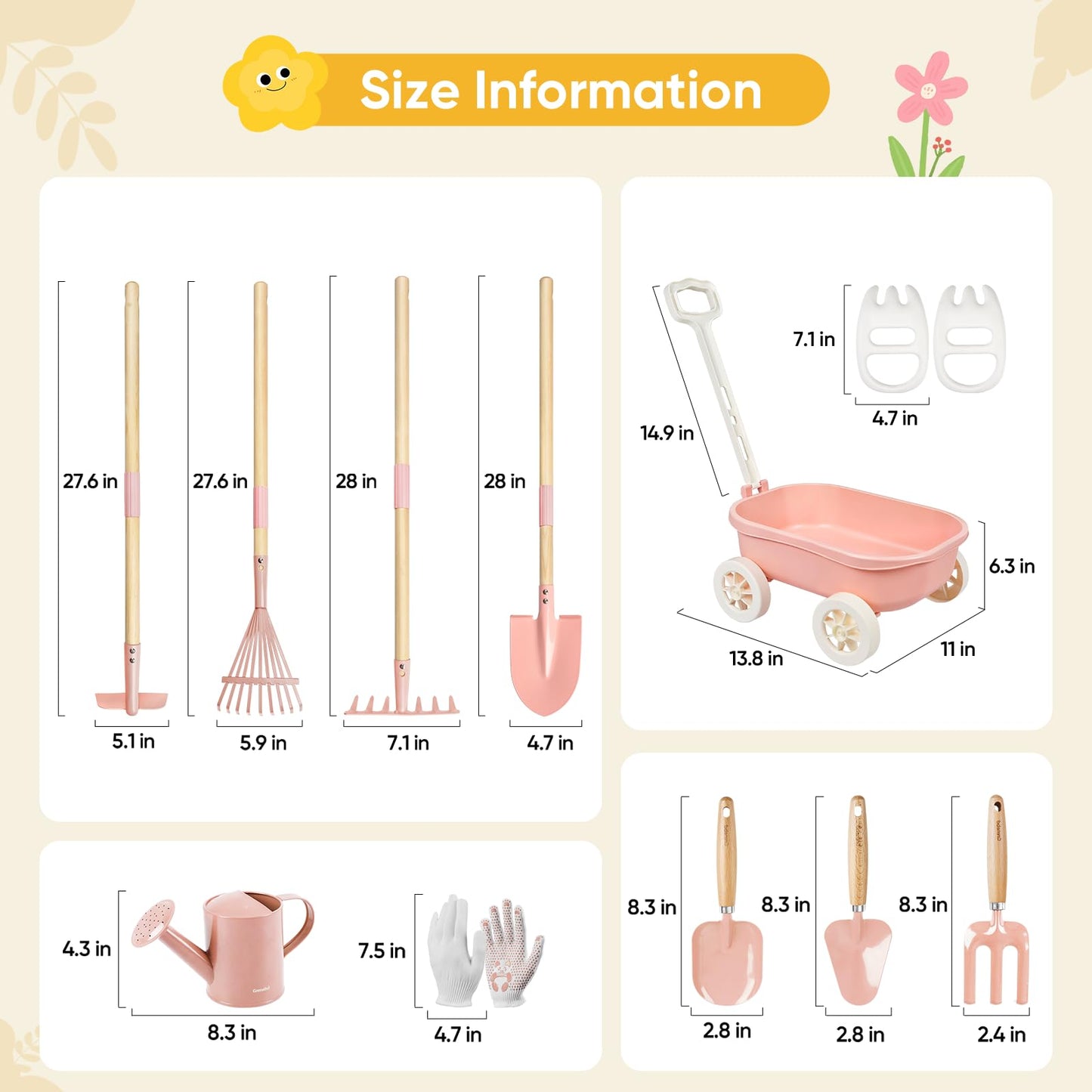 Grenebo Kids Gardening Set with Wheelbarrow, 11-Piece Outdoor Yard, Beach, STEM Garden Play Kit with Child-Sized Tools, Durable, Safe & Fun Gift Toy for Ages 2+ Kids Toddlers Boys Girls (Pink)