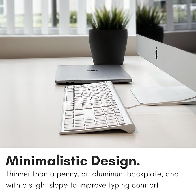 Macally Ultra Slim USB Wired Computer Keyboard - Compatible Apple Keyboard or Windows - Full Size with 20 Mac Keyboard Keys -with Numeric Keypad - Silver Aluminum Finish