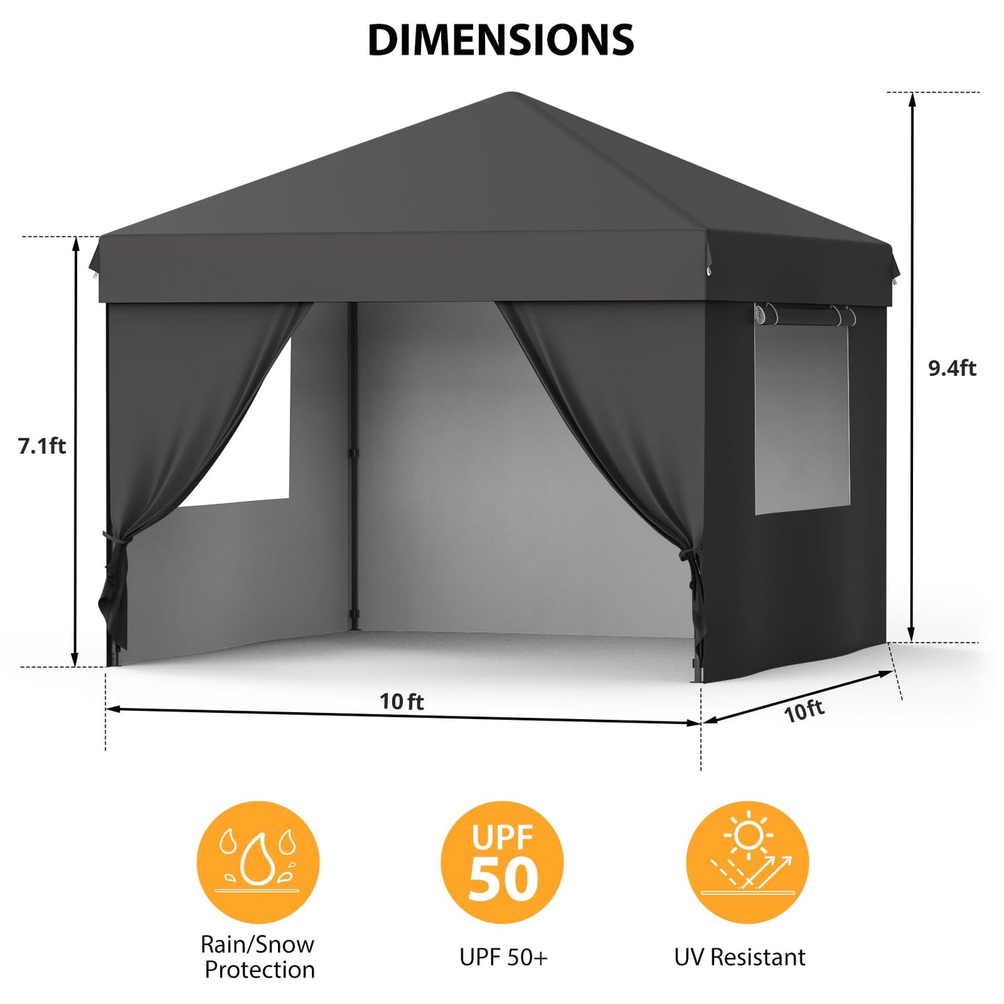 10X10 Pop Up Canopy Tent with 4 Sidewalls, Heavy Duty Commercial Instant Shelter, One-Person Quick Setup Outdoor Party Tent, Water-Resistant & Portable for Outdoor Events, Camping, Black