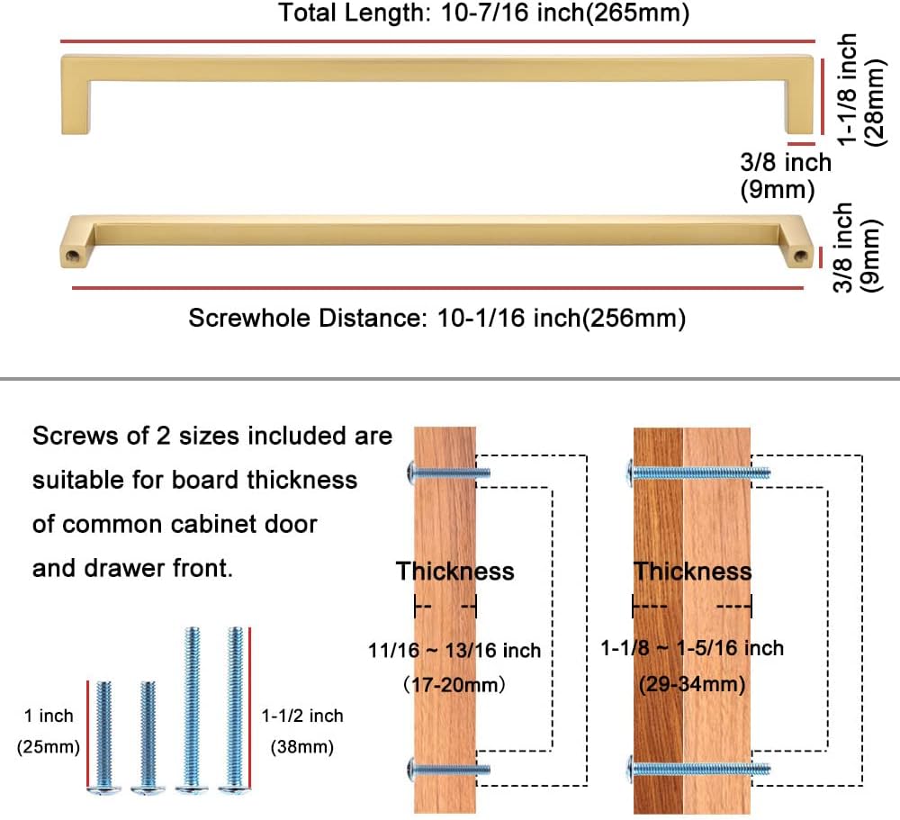 KOOFIZO Solid Square Bar Cabinet Handle - Brushed Gold Furniture Pull, 10 Inch/256mm Screwhole Distance, 1-Piece for Kitchen Cupboard Door, Bedroom Dresser Drawer, Bathroom Wardrobe Hardware