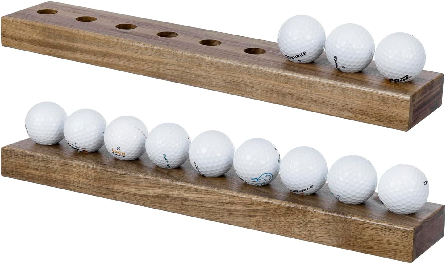 MyGift Set of 2 Premium Acacia Solid Wood Wall Mounted Golf Ball Collection Display Rack, Wooden Hanging Holder Storage Shelves Decor Holds up to 18 Balls