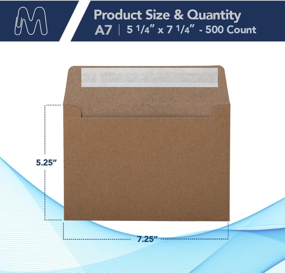MOS A7 Kraft Envelopes 5.25 x 7.25 Inch 500 Pack — Brown Self-Seal Heavyweight Invitation Envelopes for Weddings, Greeting Cards, Thank You Cards, Photos, Business Mailings