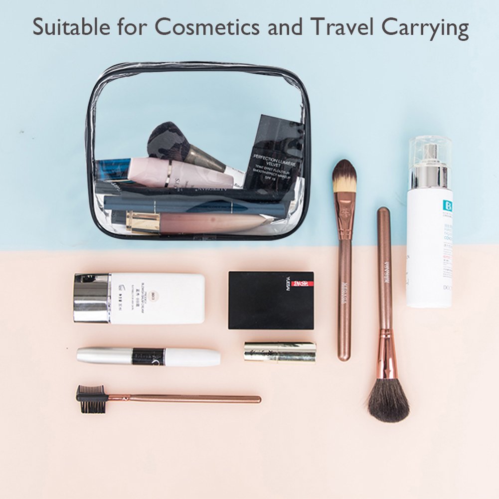 APREUTY Clear Makeup Bags, TSA Approved 6 Pcs Cosmetic Makeup Bags Set Clear PVC with Zipper Handle Portable Travel Luggage Pouch Airport Airline Vacation Organization (Black)