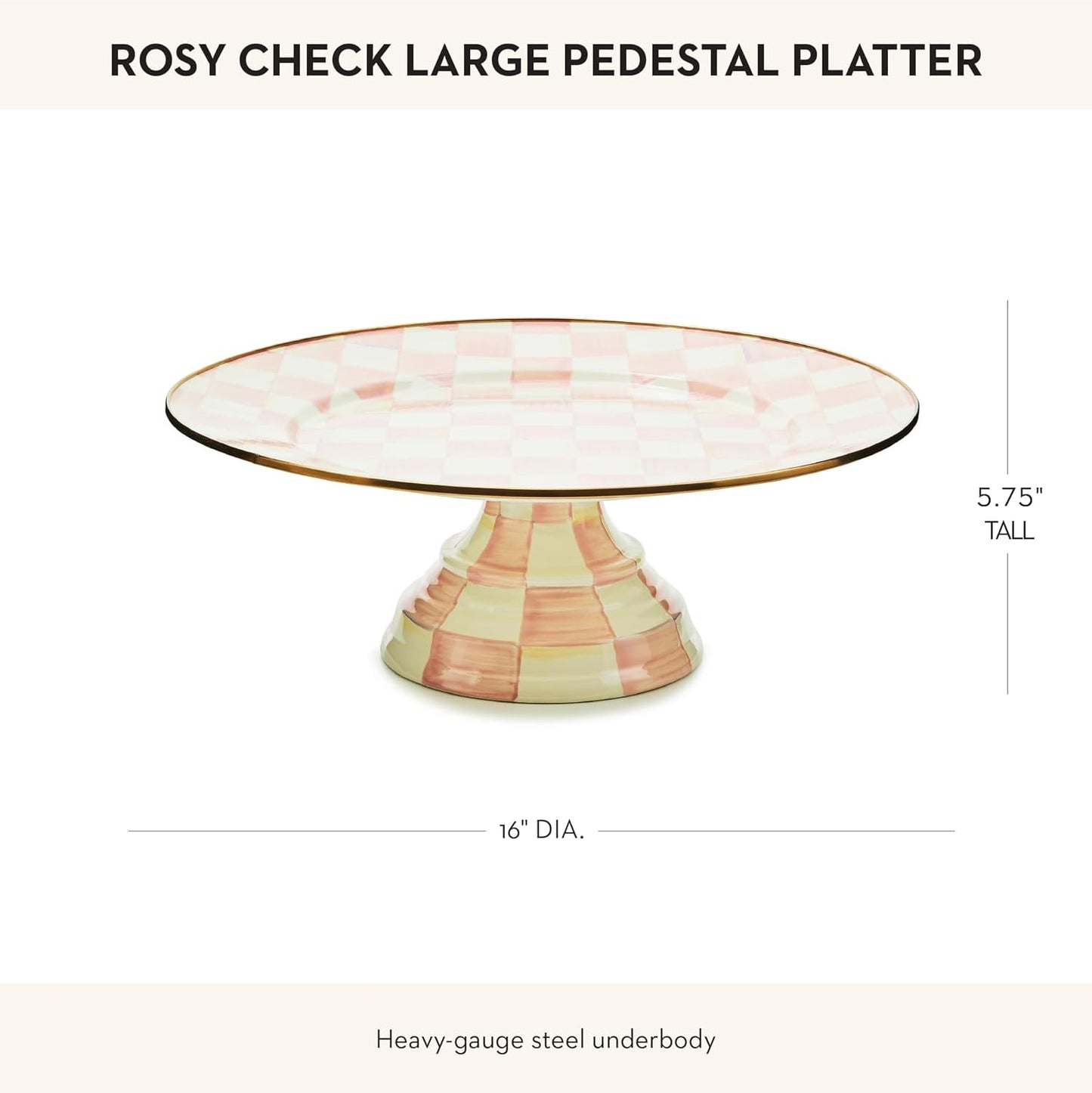 MACKENZIE-CHILDS Enamel Pedestal Platter, Round Cake Stand, Large, Pink-and-White Rosy Check