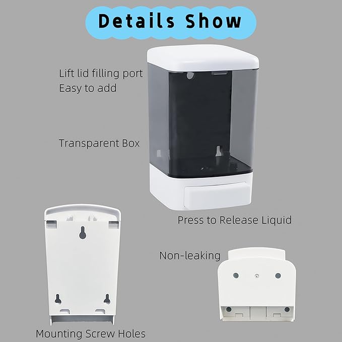 Manual Soap Dispenser Kitchen Bathroom Wall Mounted Hand Dispensers Commercial for Liquid Containers Shampoo Gel Chamber Plastic - (33.8 oz) 1000ml