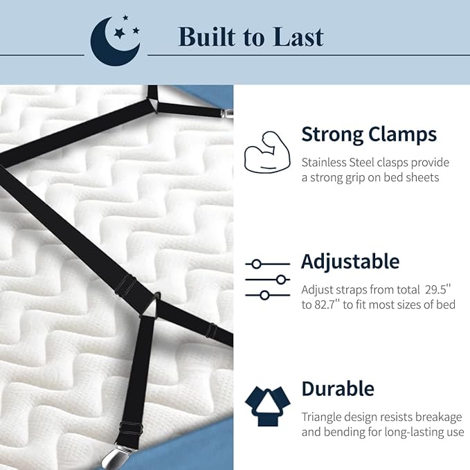 Sopito Sheet Straps, Adjustable Bed Sheet Suspenders Max Stretch from 29.5 in to 82.7 in Compatible for Crib to King Size Bed, Non Slip Holder Fasteners Clips, 2pcs/Black