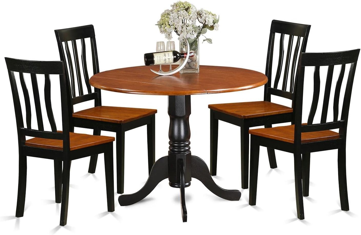 East West Furniture DLAN5-BCH-W 5 Piece Dinette Set for 4 Includes a Round Dining Table with Dropleaf and 4 Dining Room Chairs, 42x42 Inch, Black & Cherry