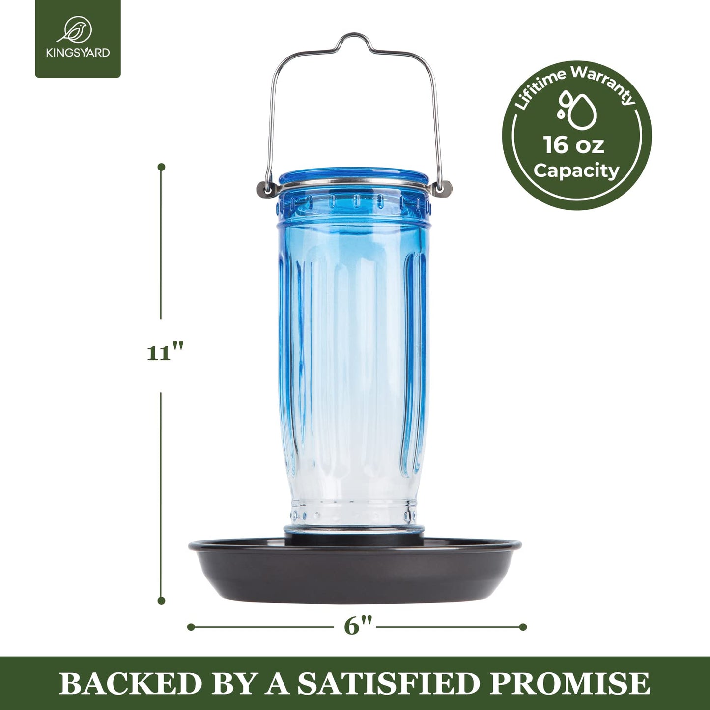 Kingsyard Glass Bird Water Dispenser for Outdoor, 16 Oz, Bird Water Feeder with Metal Hanging for Garden Yard Fence Decoration Hummingbird Cardinal Bluebird Finch, Blue
