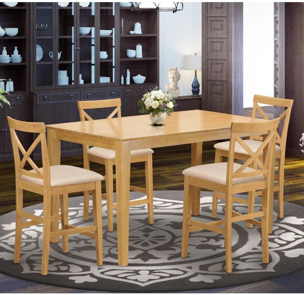 East West Furniture CAPU5H-OAK-C 5 Piece Kitchen Counter Height Dining Table Set Includes a Rectangle Dining Room Table and 4 Linen Fabric Upholstered Chairs, 36x60 Inch, Oak