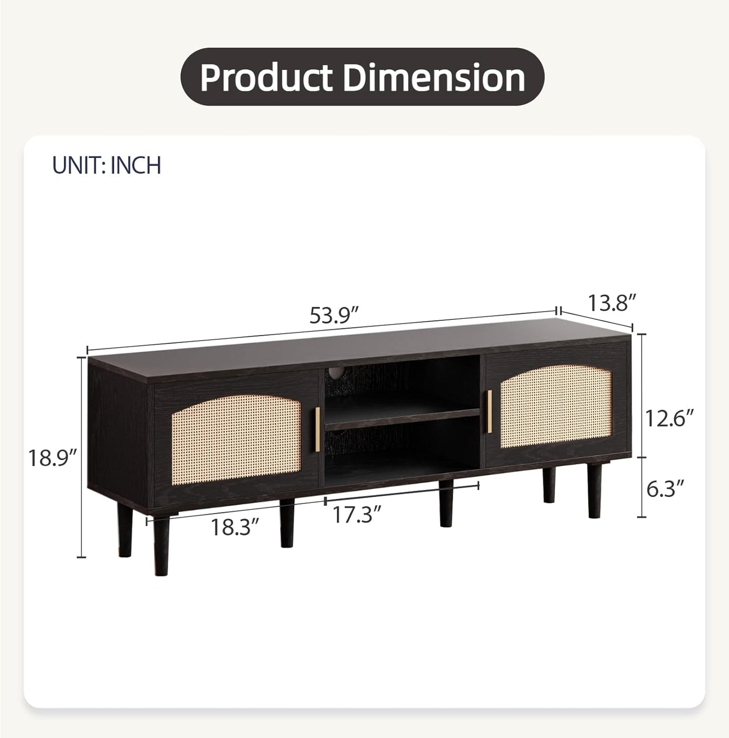TV Stand for TVs up to 60", Modern Entertainment Center with 2 Rattan Doors, TV Cabinet with Solid Wood Legs & Golden Handles, TV Media Console Table for Living Room, Black & Wood